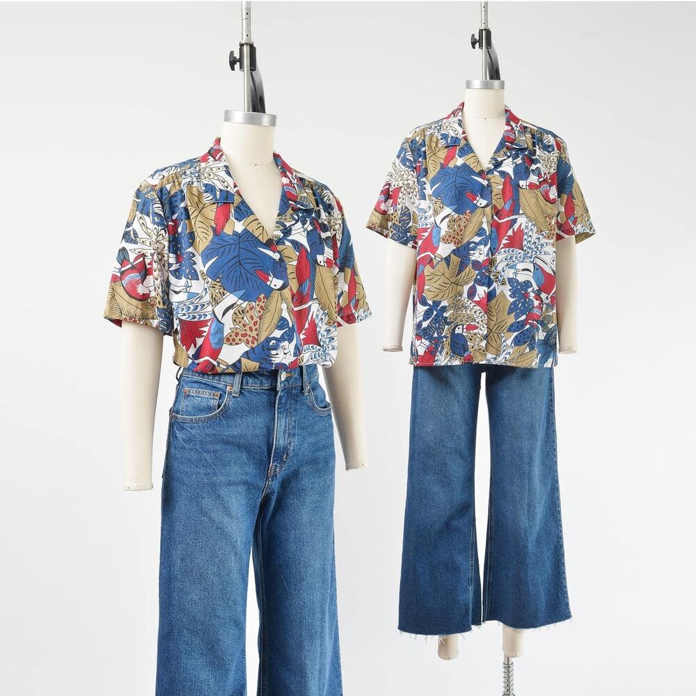 Vintage 80s Jungle Print Blouse Tropical Tiger Toucan Safari Button Up Shirt M L